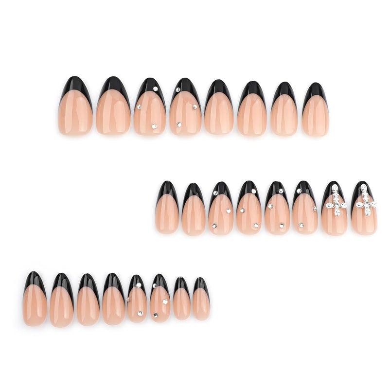 ASABITE 24 Pcs Handmade Almond Press on Nails Short Medium Fake Nails Black French Tip False Nails with Rhinestone Design Artificial Nails Holiday Glue on Nails Reusable Full Cover Stick on Nails for Women - Image 4